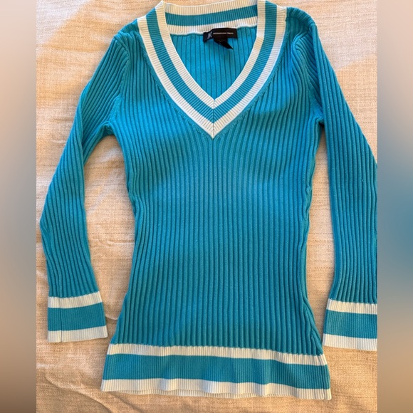 International Concepts V Neck Long Sleeve Ribbed Sweater. Aqua/White. - Picture 1 of 4